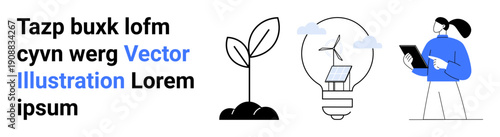 Renewable energy, sustainability, eco-tech, green innovation, data analysis, growth concepts. Scene includes a sprouting plant, a light bulb with solar panel and a person holding a tablet. Renewable