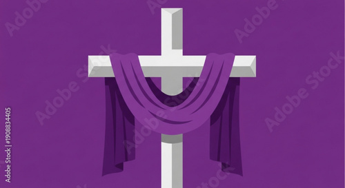 White Christian cross draped with purple cloth symbolizing Lent and solemnity isolated on a purple background for religious design