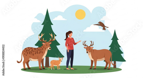Woman interacting with deer and fawn in a forest nature conservation concept flat vector illustration for environmental awareness