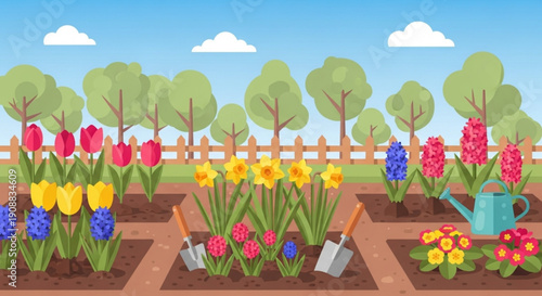 Spring garden with blooming tulips daffodils and hyacinths flat vector illustration for seasonal concepts and gardening themes