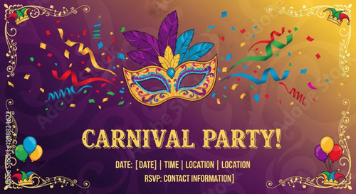 Vibrant carnival party invitation with mask and confetti background