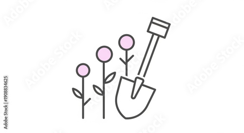 Gardening tools and flowers a shovel with pink blossoms symbolizing growth and cultivation in a simple line art style