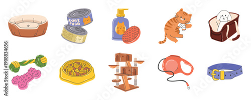 Pet Care and Veterinary Supplies Vector Illustration Set. Cute Pet Shop Accessories, Grooming Tools, and Animal Food Collection