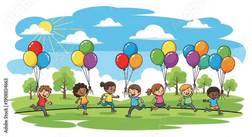 Diverse group of happy children running in a park with colorful balloons sunny day illustration for childhood and celebration themes
