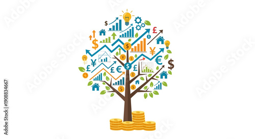 Financial growth concept illustrated tree with money and economic symbols