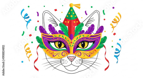 Colorful cat face with mardi gras mask and party decorations festive feline illustration