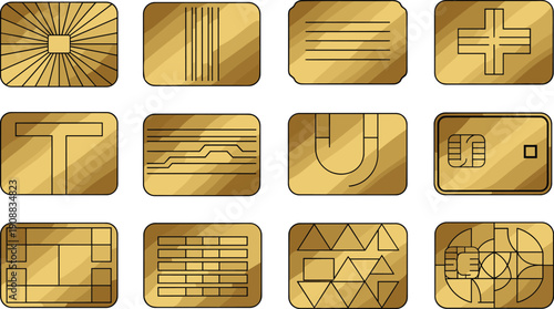 Credit, card, chip, set, gold, electronic, circuit, vector, illustration, smart, technology, digital, payment, security, microchip, data, finance, banking, element, integrated,