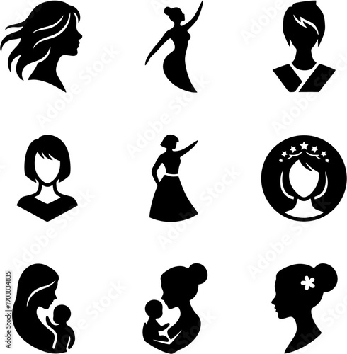 Set of Elegant Woman Silhouette Icons, Female Profile and Avatar Collection, Black Vector Illustration