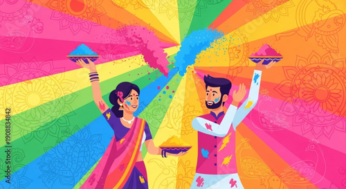 Couple celebrating Holi festival with colored powder vibrant Indian festival of colors joyful cultural event illustration