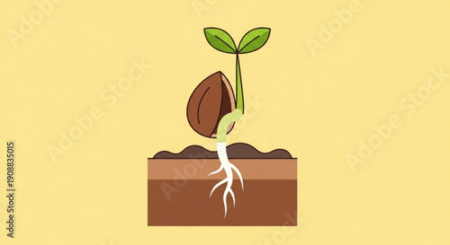 Seedling growing with roots in soil and green leaves on a yellow background representing new life and growth