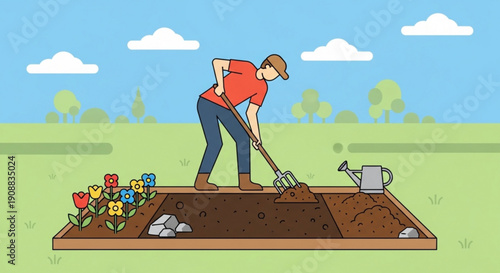 Man gardening in a sunny backyard digging soil with a shovel flowers and watering can nearby serene outdoor scene
