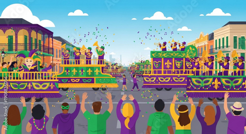 Mardi Gras parade with floats and crowds celebrating carnival season with music and confetti festive street scene illustration