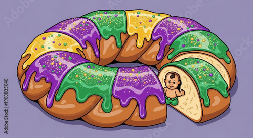 King cake with purple green and gold icing a baby hidden inside traditional Mardi Gras dessert isolated on purple background