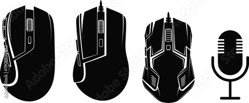 Gaming, computer, mouse, set, microphone, icon, vector, illustration, black, silhouette, technology, equipment, accessory, gamer, hardware, peripheral, electronic, design, stream, podcast, cad, drawin