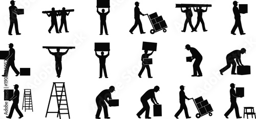 Delivery, man, silhouette, set, worker, mover, carrying, box, package, shipping, warehouse, logistics, service, courier, person, lifting, professional, industry, collection, vector,