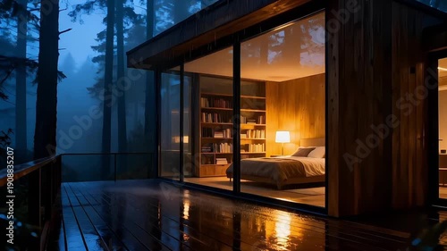Warm Glowing Modern Wooden Cabin Bedroom Viewed Through Glass Wall in Misty Rainy Forest Evening Atmosphere