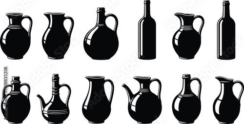 Jug, bottle, pottery, set, vector, illustration, black, silhouette, ceramic, pitcher, vase, kitchenware, container, liquid, drink, olive, oil, wine, collection, graphic,