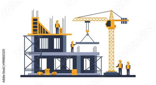 Construction site with crane workers building materials and architectural design