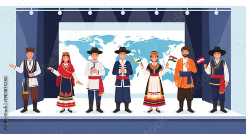 Diverse people in traditional costumes on stage with world map cultural diversity and international relations concept vector illustration