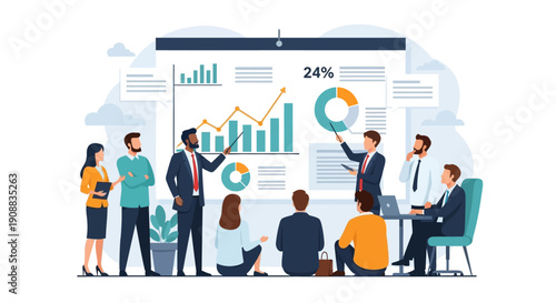 Team members analyzing data presentation with graphs and charts illustration