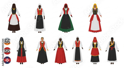 Collection of traditional folk costumes from various cultures diverse women in ethnic attire vector illustrations for cultural heritage and travel