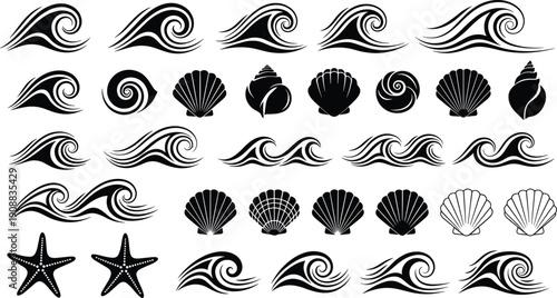Ocean, wave, seashell, starfish, set, vector, illustration, black, silhouette, sea, beach, summer, marine, water, nautical, nature, coastal, aquatic, decoration, element,