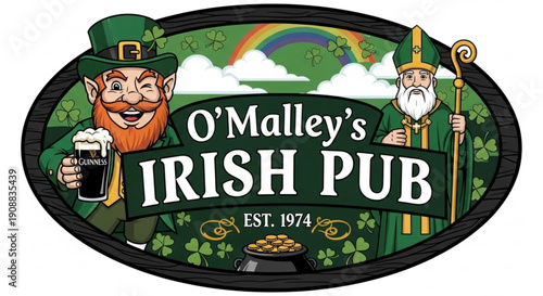 OMalleys Irish Pub logo with leprechaun and saint St Patricks Day theme vector illustration for bar branding and promotion
