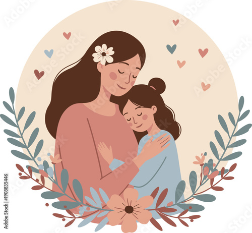 A happy cartoon family with a mother, child, and baby sharing a heart-filled hug in this romantic vector illustration of love and happiness