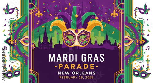 Vibrant mardi gras parade new orleans festival celebration with masks and confetti on purple background
