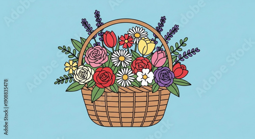 Colorful floral basket with roses tulips and daisies on light blue background spring bouquet