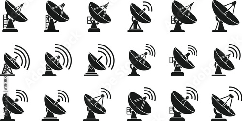 Satellite, dish, antenna, set, icon, vector, illustration, black, silhouette, communication, technology, broadcast, wireless, signal, radar, receiver, network, internet, telecommunication, data,
