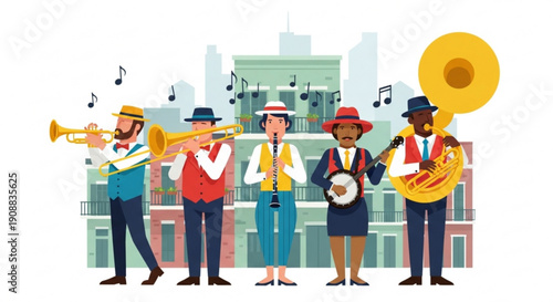 Diverse jazz band performing on city street with musical instruments and notes