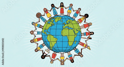 Diverse people holding hands around the Earth symbolizing global unity community and international cooperation illustration on light blue backgrou