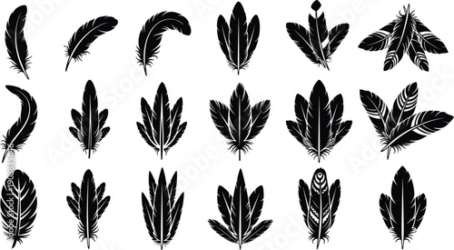 Set of black feather silhouettes and bird plumage icons, tribal decorative design elements, quill and wing symbols isolated on white background