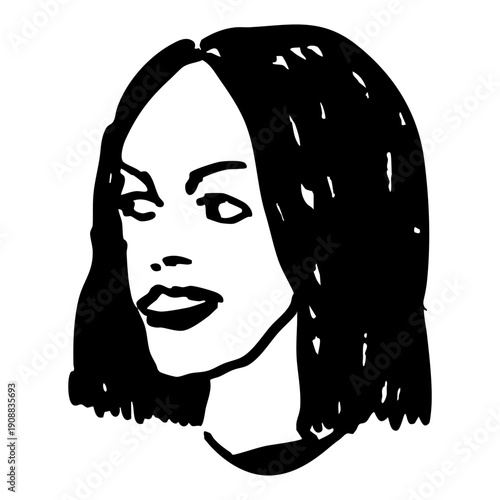 Head of a pretty brunette woman. Portrait of a beautiful young lady. Hand drawn linear doodle rough sketch. Black and white silhouette.