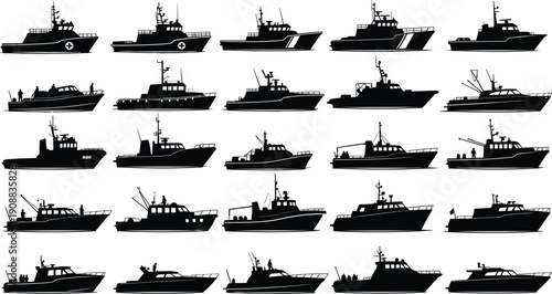 Silhouette collection of diverse boats, fishing vessels, patrol ships, rescue crafts, recreational watercraft, marine transport icons, nautical vector illustration