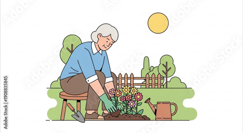 Elderly woman gardening flowers in backyard with fence and sunny day atmosphere