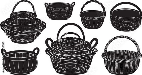 Collection of black wicker baskets on white background illustration