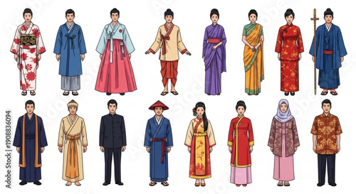 Diverse group of people wearing traditional clothing from around the world cultural attire ethnic dress global fashion