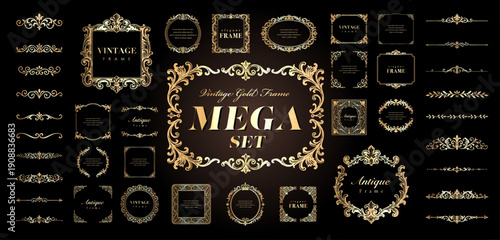 Mega set of vintage gold frames and ornaments. Luxury antique border and divider collection.
