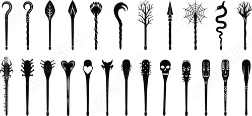Collection of Dark Fantasy Magic Staff and Tribal Totem Silhouettes with Skulls, Snakes and Gothic Elements Isolated as Black Vector Set