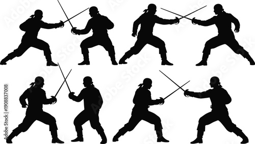 Collection of Fencing Duel Silhouettes with Two Swordsmen in Dynamic Combat Poses Isolated as Black Vector Set on White Background