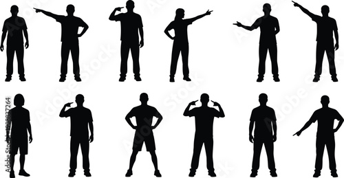 Collection of Man Silhouettes Showing Different Pointing and Thinking Gestures Isolated as Black Vector People Set on White Background