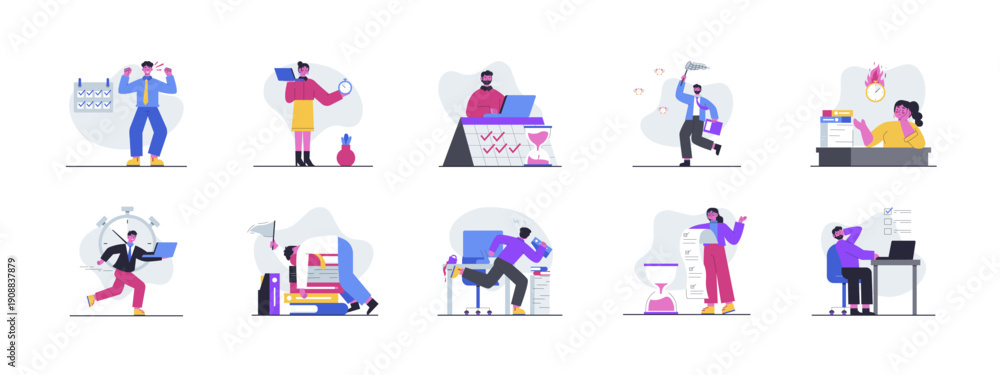 Fototapeta premium Set of 10 deadline illustrations packs. Flat vector concepts.