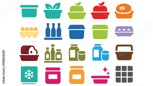 Colorful collection of food and container icons representing groceries and storage.