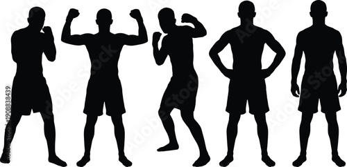 Set of Male Athlete Silhouettes in Boxing and Fitness Poses Isolated as Black Vector Figures on White Background
