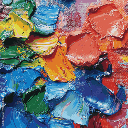 High-angle, close-up view of an artist's palette featuring a variety of vividly colored oil or acrylic paints in various shades and hues