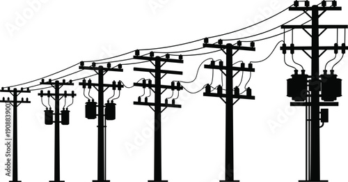 Collection of black utility pole silhouettes featuring various electric power lines and transformer designs isolated on white background for industrial energy vector illustration.