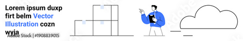 Supply chain, logistics, cloud computing, inventory management, warehouse efficiency, business technology. Worker managing boxes with cloud icon. Logistics and cloud computing concept