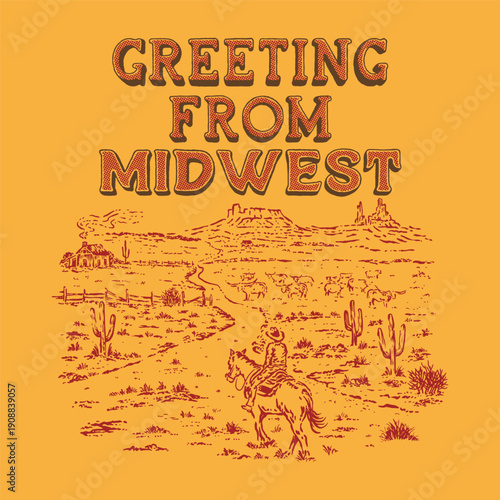 cattle illustration farm graphic longhorn design cowboy badge landscape vintage desert